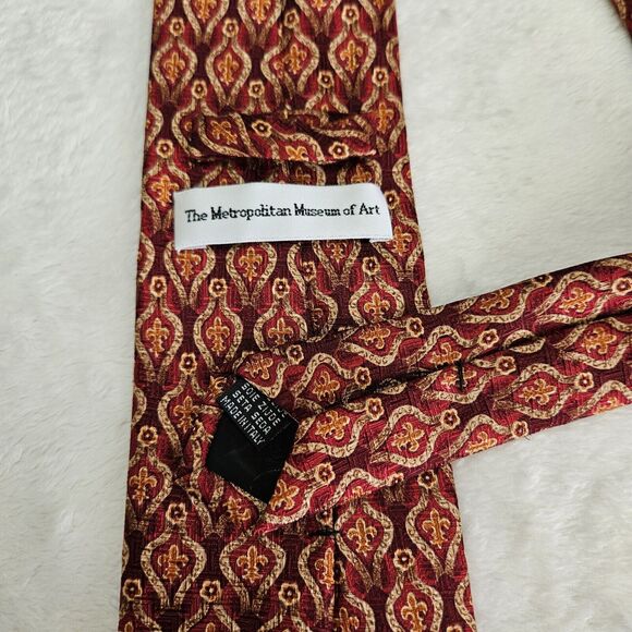 Metropolitan Museum Of Art Fleur-de-lis 100% Silk Mens Necktie Red Orange - Picture 4 of 6